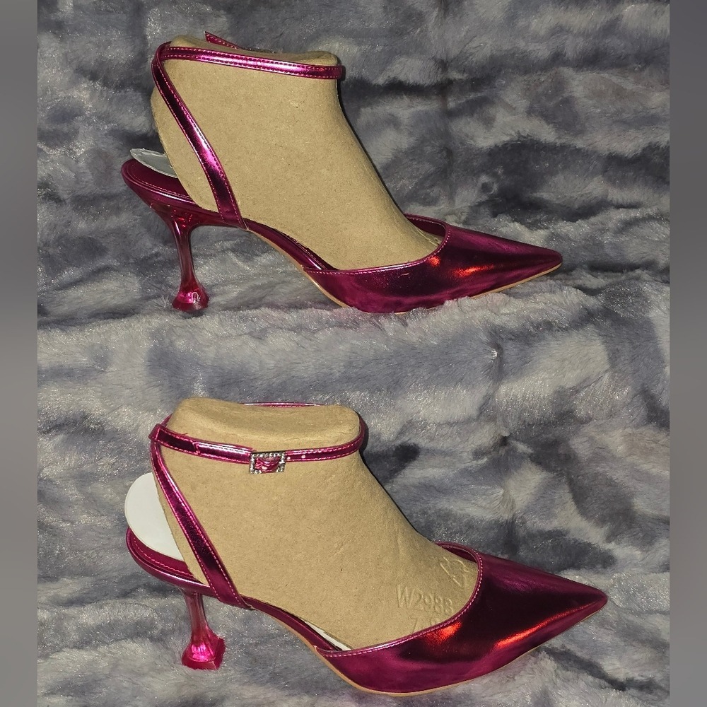 NWB Nine West Haris3 Pointed Toe Pump Dark Pink Metallic Architectural Heel SZ 8